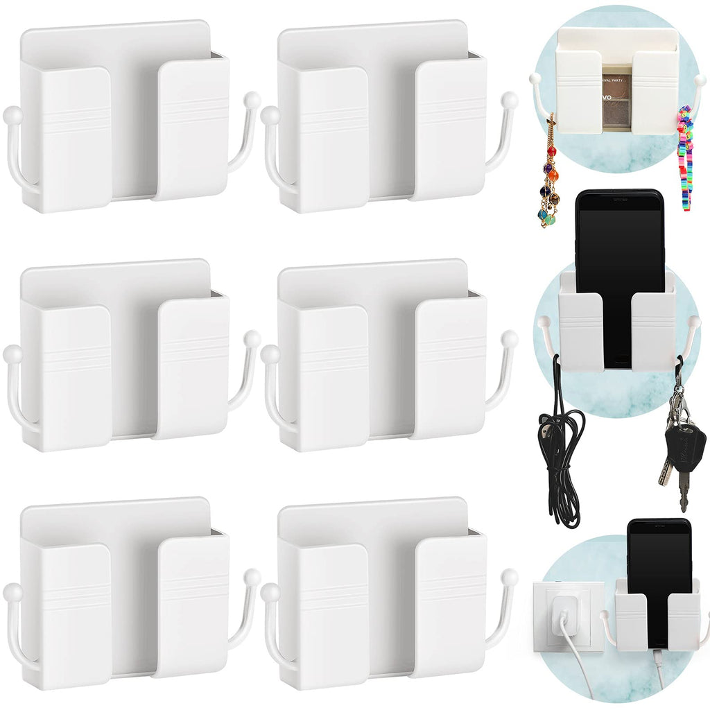[Australia - AusPower] - 6 Pieces Wall Mount Phone Holder Self-Adhesive Wall Beside Organizer Storage Box Plastic Charging Phone Stand Remote Wall-Mounted Phone Brackets Holder for Bedroom (White) White 