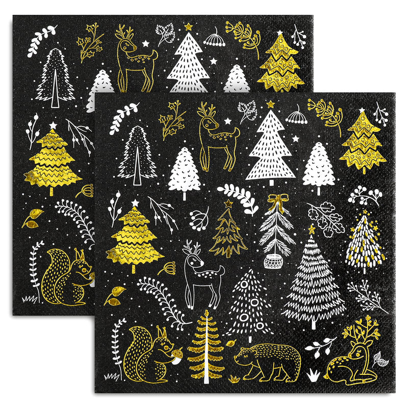 [Australia - AusPower] - Whaline 80 Pack Christmas Paper Napkins 6.5 x 6.5" Xmas Tree Cocktail Napkins Disposable Black White Gold Party Beverage Napkins for Christmas New Year Winter Holiday Dinner Party Supplies 