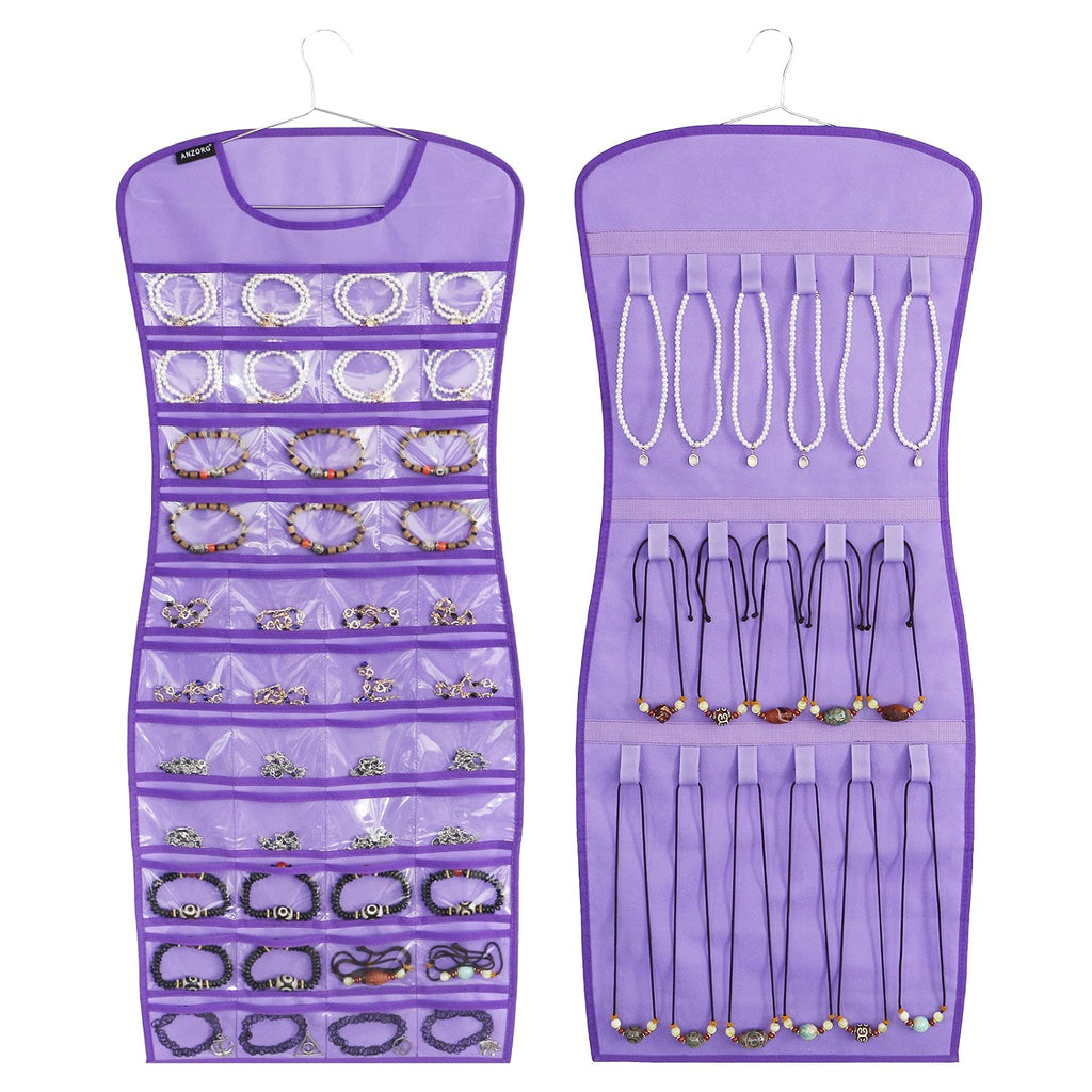 [Australia - AusPower] - ANZORG Dual sided Jewelry Hanging Organizer Closet Necklace Holder for Earrings Bracelets Rings with 42 Clear Pockets and 17 Hook Loops (Purple） PURPLE 
