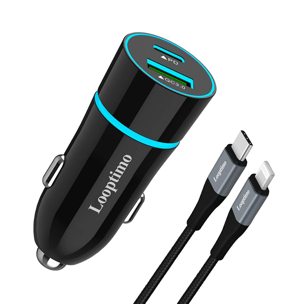 [Australia - AusPower] - Looptimo 20W PD USB C Fast Car Charger Adapter Compatible for Apple iPhone 13/13 Pro/12/Pro/Max/mini/11/XS/XR/X/8/Plus/SE 2020, iPad Mini 5/Air 3 + MFi Certified Type C to Lightning Cable 3ft 