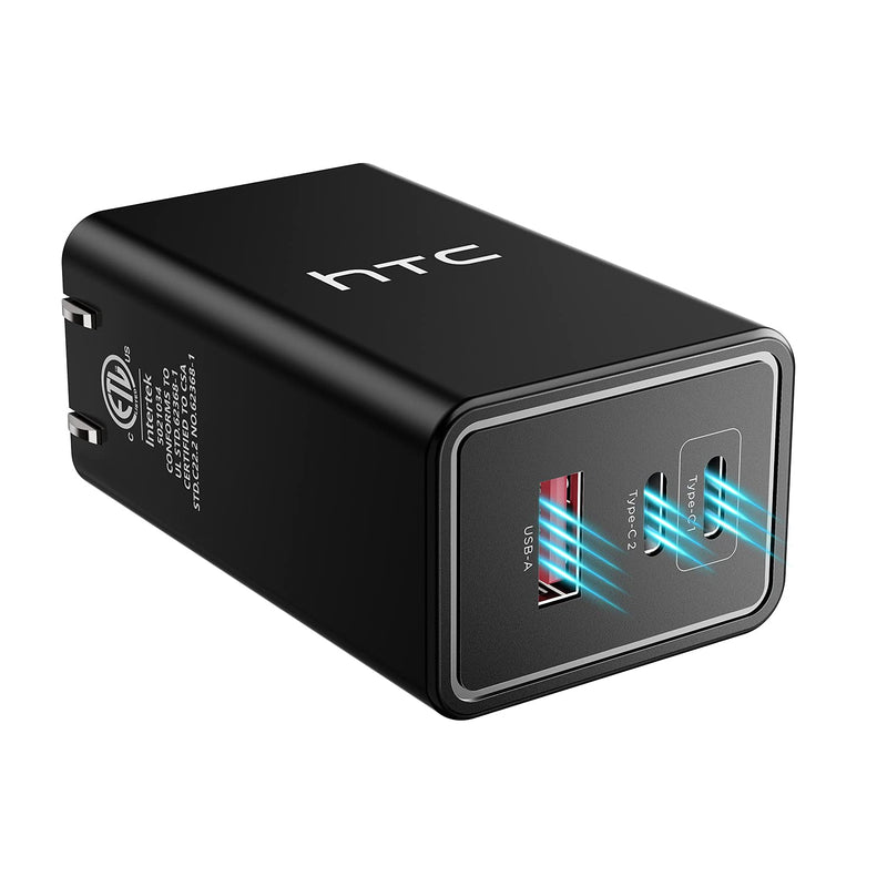 [Australia - AusPower] - USB C Charger, HTC 65W Fast USB-C Wall Charger, PowerIQ 3.0 & GaN 3-Port Foldable Type-C Wall Charger, Fast Charging Block for MacBook, USB-C Laptops, iPad Pro, iPhone, Galaxy, and More, Black 