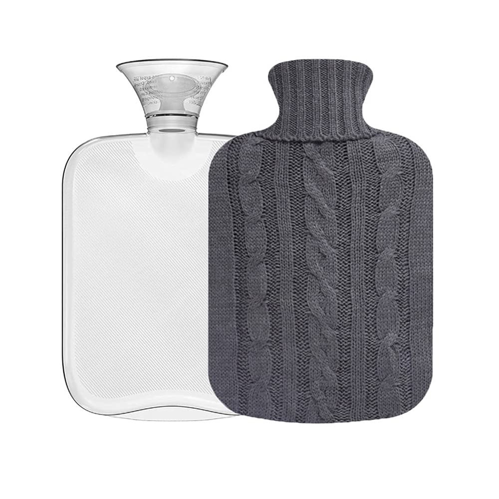 [Australia - AusPower] - OliviaLiving Classic Transparent Hot Water Bottle 2 Liter with Knit Cover - Great for Cramps, Pain Relief & Cozy Nights - Water Heating Pad - Feet & Bed Warmer for Adults Grey 
