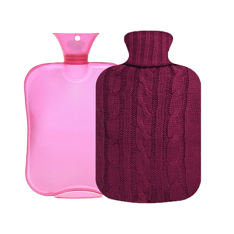 [Australia - AusPower] - OliviaLiving Classic Transparent Hot Water Bottle 2 Liter with Knit Cover - Great for Cramps, Pain Relief & Cozy Nights - Water Heating Pad - Feet & Bed Warmer for Adults Pink Burgundy 