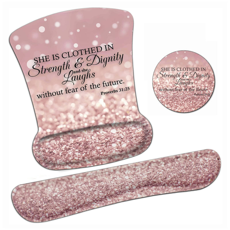 [Australia - AusPower] - Ergonomic Mouse Pad Wrist Support Gel and Keyboard Wrist Rest Set Proverbs 31:25,Bible Verse Pink Glitter Design for Laptop, Mac, Gaming and Office, Durable, Comfortable and Pain Relief + Coaster Yu-mousepad-2-3 