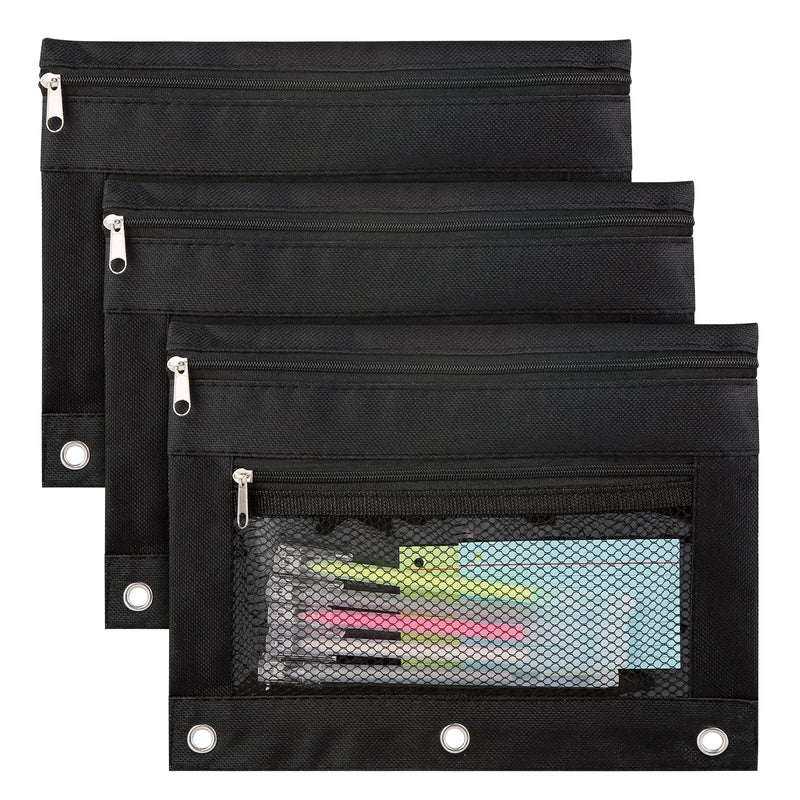 [Australia - AusPower] - Koogel Pencil Case 3 Ring Binder, 3pcs Zipper Notebook Pen Holder, Cosmetic Coupon Organizer Pouch Bag for Cute School Supplies 