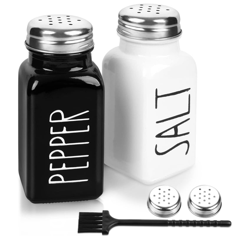 [Australia - AusPower] - 2 Pack Salt and Pepper Shakers Set, Glass Salt Shaker with Stainless Steel Lid, Modern and Cute Farmhouse Salt and Pepper Set (Black and White) black, white (medium) 