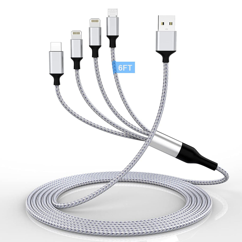 [Australia - AusPower] - iPhone Charging Cable 1.8M/6Ft Multi 4 in 1 USB Universal Fast Charging Cord Multi Charging Cable Lightningx2+Type C+Micro USB Port Connectors Adapter for Android/Apple/iOS/Samsung/LG/Huawei/XiaoMi MY-M-1.8IN4-S 