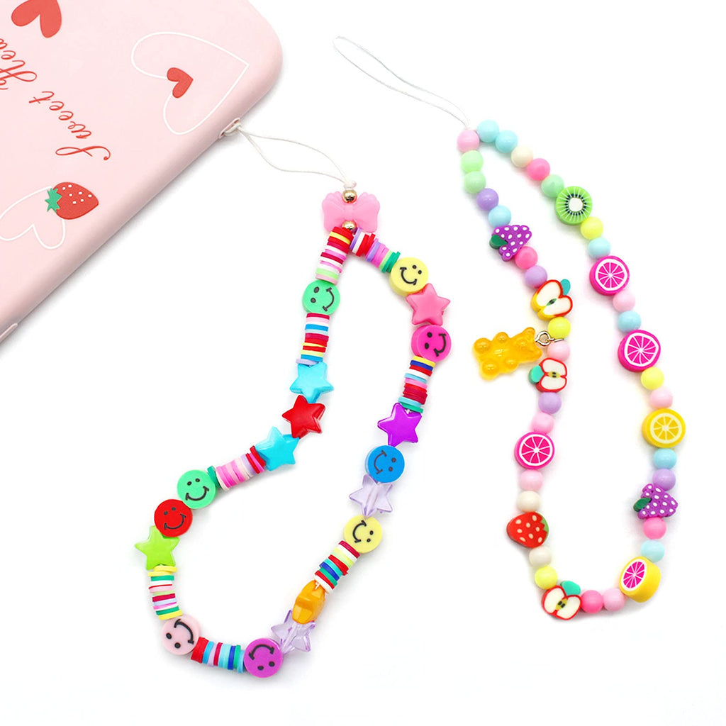 [Australia - AusPower] - Anvin 2Pcs Cell Phone Charm Strap Beaded Aesthetic Phone Lanyard Wrist String Kawaii Mobile Phone Chain Strap Y2K 90S Phone Decor Bracelet Strap Keychain Charm for Women Girl Smiley Face Clay Beads 