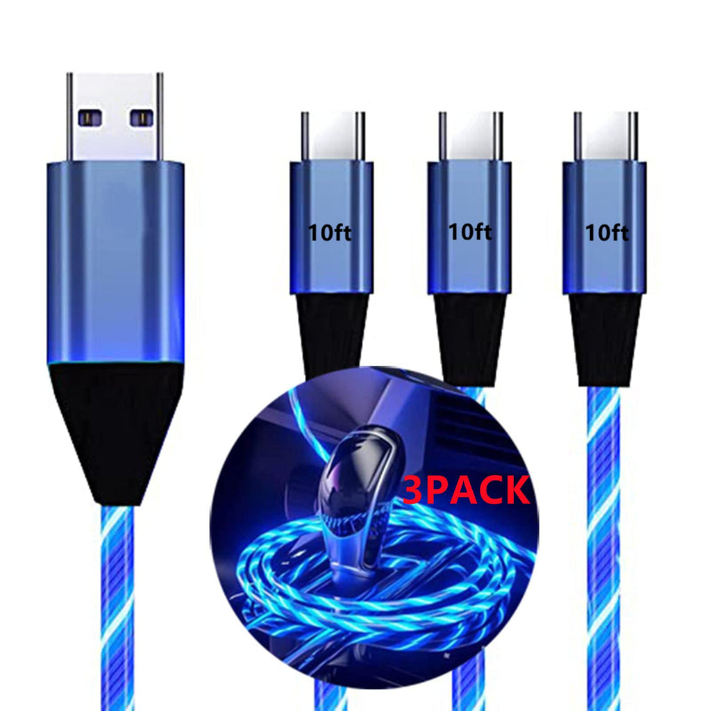 [Australia - AusPower] - USB Type C Cable(3-Pack 10ft),WFFOIFL Led Light Up Charging USB A to USB C Flowing Charge Cord Compatible with Android Samsung Galaxy S10 S9 S8 Plus,Note 9 8,No Fast,USB C Charger Blue 