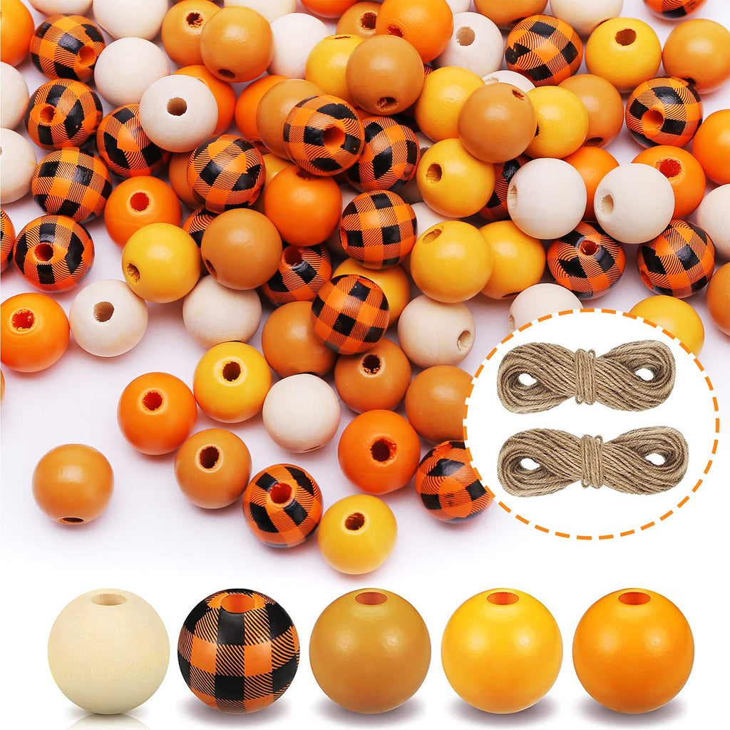 [Australia - AusPower] - Wooden Beads for Decoration Farmhouse 200 PCS colored orange buffalo plaid Natural Wood Beads for Garland Crafts with Hemp Rope for Decorations 