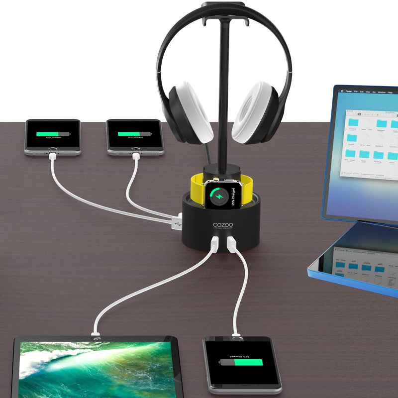 [Australia - AusPower] - Headphone Stand with 5 USB Charger COZOO Desktop Gaming Headset Holder Hanger with 5 USB Charging Station,Watch Stand and Watch Wireless Charging,Accessories for Gaming,DJ,Wireless Earphone Display 