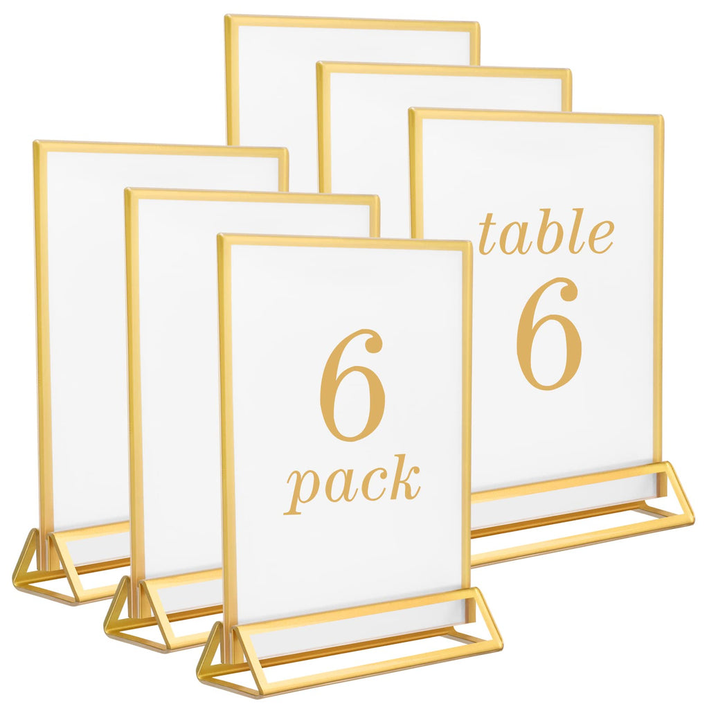 [Australia - AusPower] - 6 Pack Acrylic Sign Holders 4X6 Inch with Gold Border, T Shape Double Sided Table Menu Display Stand, Wedding Table Numbers Holder for Wedding, Banquet, Party, Birthday 6 