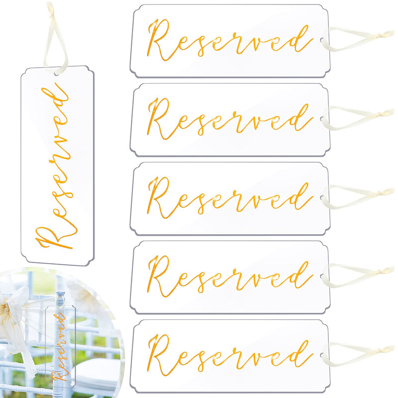 [Australia - AusPower] - 6 Pieces Reserved Signs for Wedding Chairs Acrylic Tag Reserved Signs Hanging Reserved Signs with Ribbon for Wedding Important Events Church Pews Chair and Restaurant (Gold Lettering) Gold Lettering 