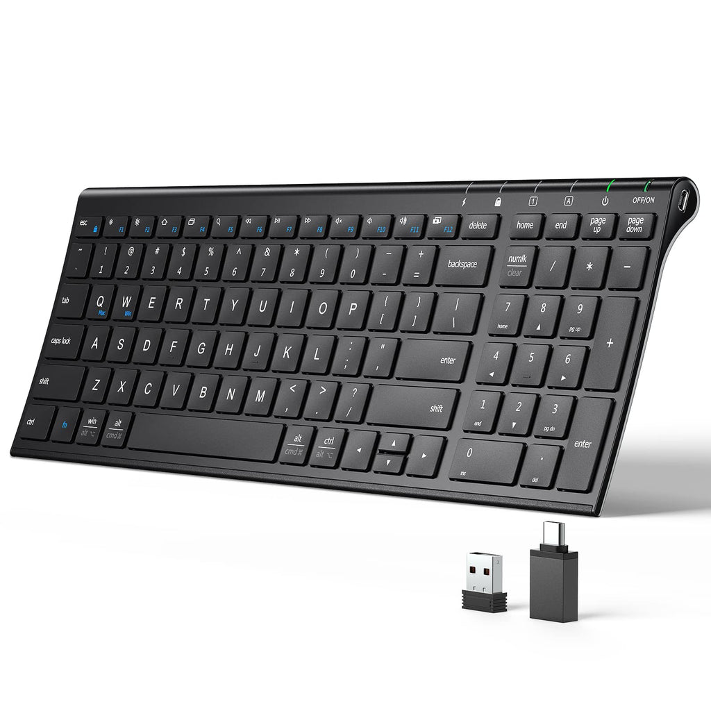 [Australia - AusPower] - Wireless Keyboard - iClever GKA22B Rechargeable Keyboard with Number Pad, Full-Size Stainless Steel Ultra Slim Keyboard, 2.4G Stable Connection Wireless Keyboard for iMac, Mackbook, PC, Laptop (Black) Black 