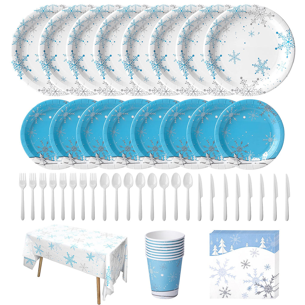 [Australia - AusPower] - Wehhbtye 69PCS Christmas Snowflake Dinnerware Party Supplies-Frozen Winter X’mas Tree Party Decorative Bundle with Paper Plate Napkin Cup Plastic Tablecloth Cover Knife Fork Spoon for Holiday Birthday 