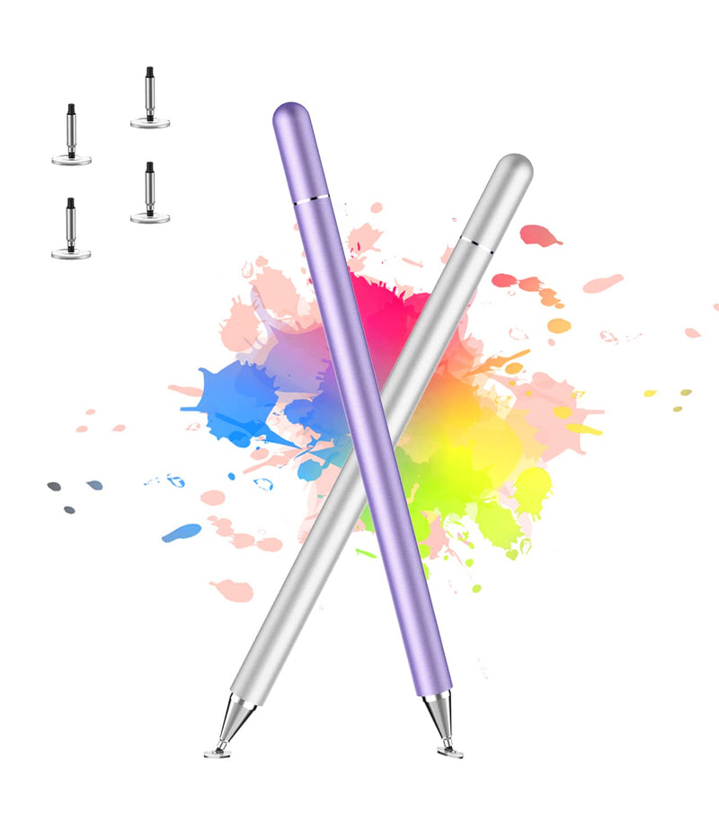[Australia - AusPower] - Stylus Pen for iPad, LUNTAK Stylus Pens for Apple/iPhone/Ipad pro/Mini/Air/Android/Microsoft/Surface All Capacitive Touch Screens Universal with 4 Replacement Tips (2 Pcs, Purple and Silver) 
