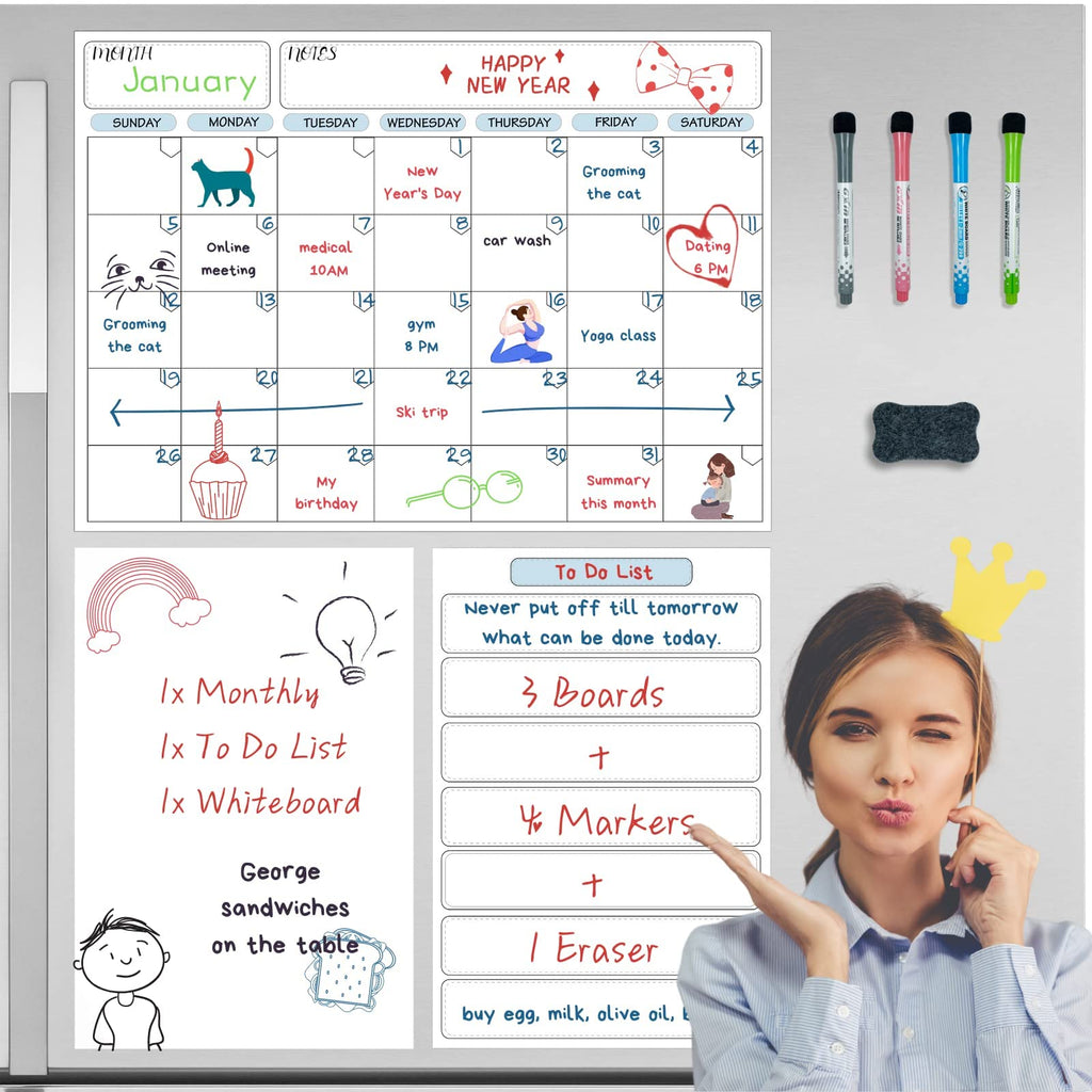 [Australia - AusPower] - 3 Sets Magnetic Dry Erase Chore Whiteboard Planner for Fridge: 17"x12" Monthly Calendar , 12"x8" Daily List, 12"x8" Whiteboard, 4 Fine Tip Markers, 1 Eraser with Magnets fits Refrigerator Kitchen Wall 