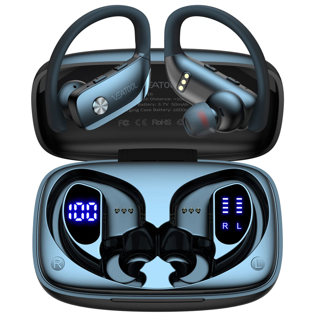[Australia - AusPower] - Wireless Earbuds Bluetooth Headphones 48hrs Play Back Sport Earphones with LED Display Over-Ear Buds with Earhooks Built-in Mic Headset for Workout Black BMANI-VEAT00L 