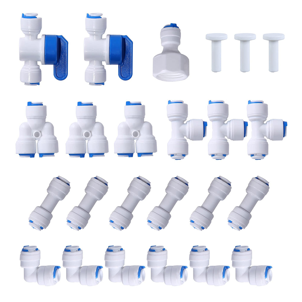 [Australia - AusPower] - JBT 1/4" OD Quick Connect Push in to Connect Water Tube Fitting ( Ball Valve + T + L + I + Y + Faucet connection + end caps , 24-Pack) 