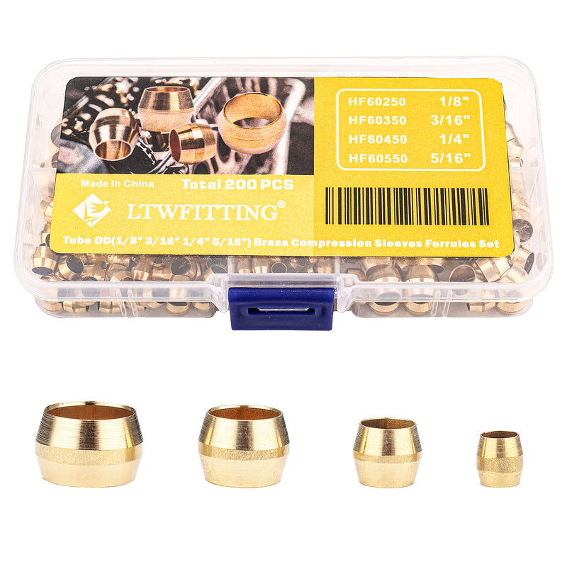 [Australia - AusPower] - LTWFITTING Assortment Kit 1/8 3/16 1/4 5/16 Inch OD Compression Sleeves Ferrules, Brass Compression Fittings(Pack of 200) 