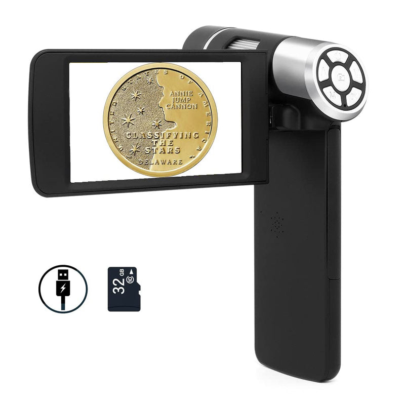 [Australia - AusPower] - Andonstar AD203 Handheld Digital Microscope, FHD Portable Microscope 4 Inch Rotatable Monitor, USB Pocket Microscope for Adults Kids, Coin Inspection Microscope, Loupe Magnifier, PC View, 32GB(Black) BLACK 