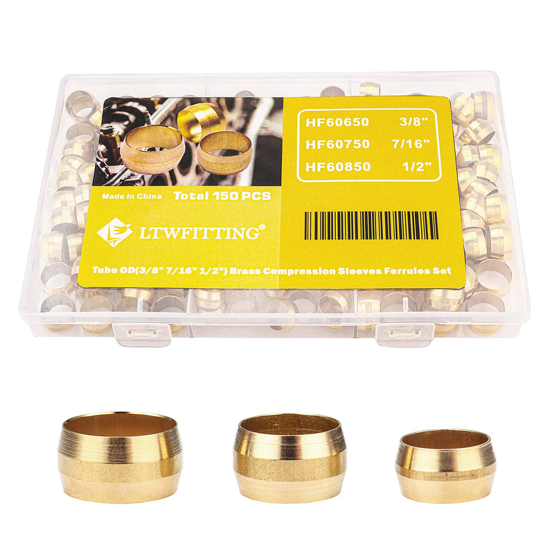 [Australia - AusPower] - LTWFITTING Assortment Kit 3/8 7/16 1/2 Inch OD Compression Sleeves Ferrules, Brass Compression Fittings(Pack of 150) 