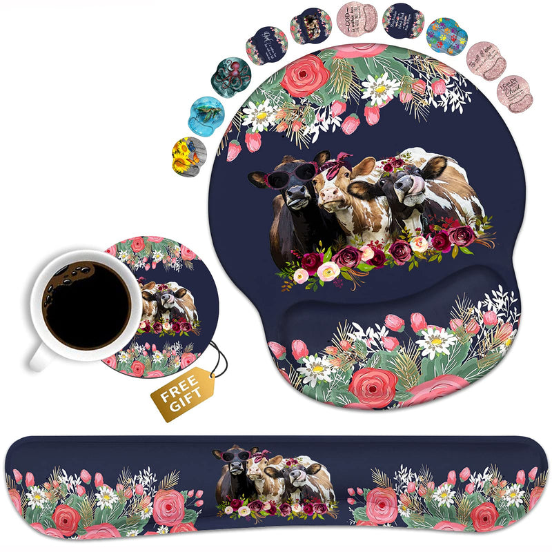 [Australia - AusPower] - Keyboard Wrist Rest and Mouse Pad Wrist Support Set, Non-Slip PU Base Ergonomic Gaming Mousepad for Home Office Working Studying Easy Typing & Pain Relief - Floral Quote Funny Cows Combination 
