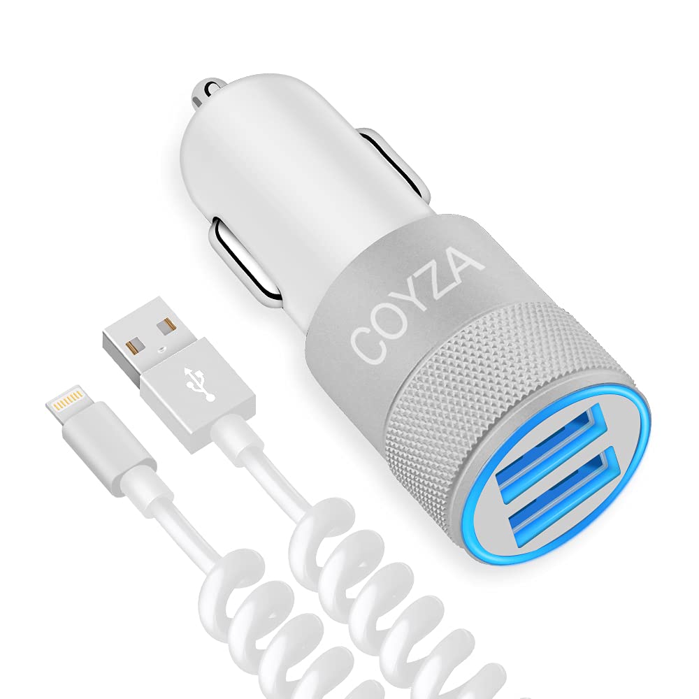 [Australia - AusPower] - COYZA Fast Car Charger Adapter, Compatible with iPhone 13/12/11/Pro Max/Pro/Mini/X/XS/XS MAX/XR/SE 2020/8 Plus/8/7 Plus/7/6s/6/5/SE, 3.1A Dual USB Ports with Coiled Charging Cable Cord White 