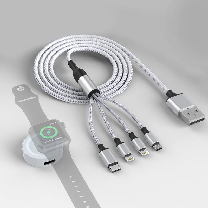 [Australia - AusPower] - 1.8M/6Ft Multi 5 in 1 USB Universal Smart Watch Charging Cable,Magnetic Watch Charger+Lightning2+Type C+Micro USB Nylon Braided iPhone Cord Adapter for Apple Watch Series 1-6 SE/Android/Huawei Silver 