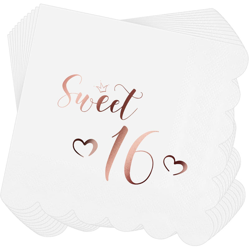 [Australia - AusPower] - 80 Pieces Sweet 16 Cocktail Napkins Rose Gold Disposable Napkins Beverage Napkins 3-Ply Folded 5 x 5 Inches for 16th Birthday Decorations, Sixteen Wedding Anniversary Dinner Celebration Party 