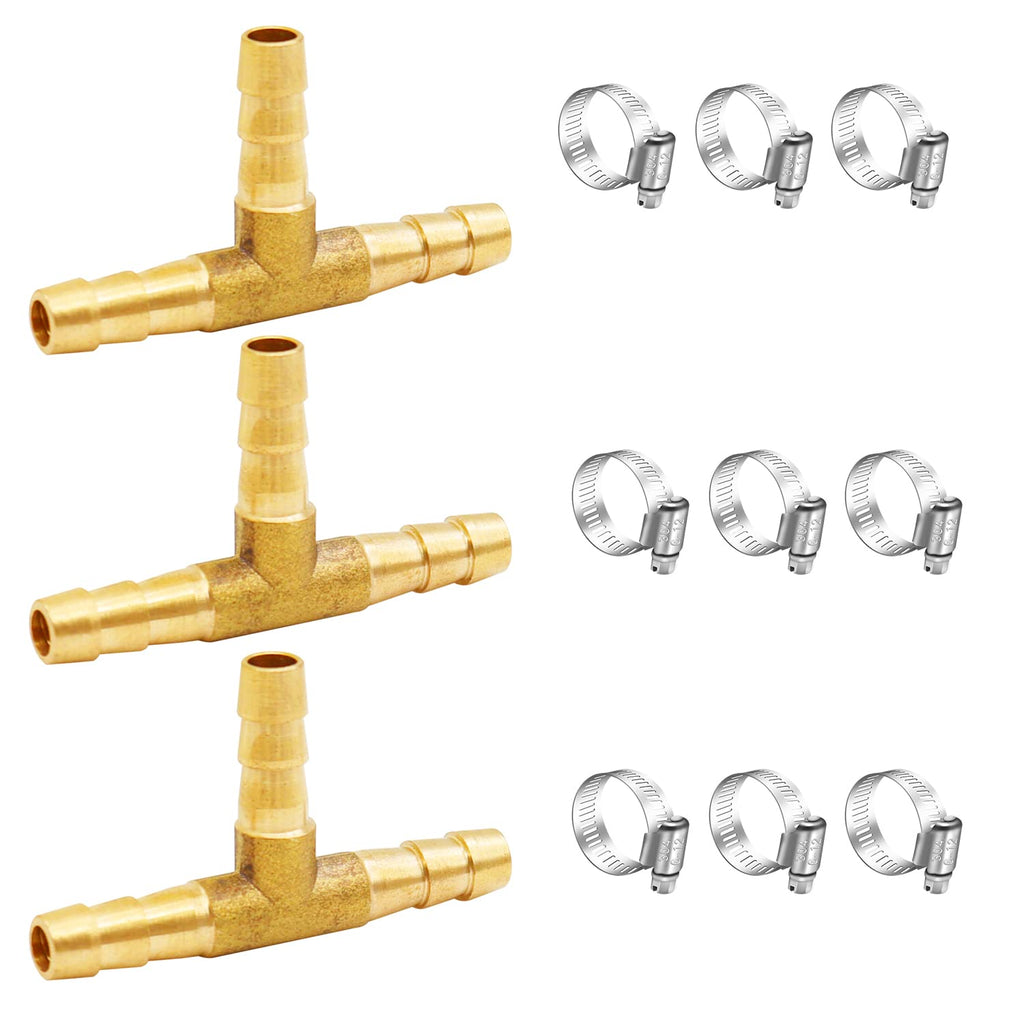 [Australia - AusPower] - Tnuocke 3pcs 3/16" Brass Tee Barb Fittings,3 Way Union Intersection Fitting T Shape Barbed Splitter Fitting Splicer with Hose Clamps for Water Fuel Air H-058-3/16 Tee-3/16-3PCS 
