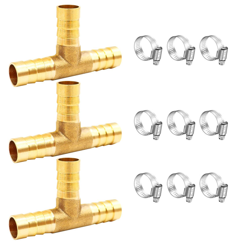 [Australia - AusPower] - Tnuocke 3pcs 3/8" Brass Tee Barb Fittings,3 Way Union Intersection Fitting T Shape Barbed Splitter Fitting Splicer with Hose Clamps for Water Fuel Air H-058-3/8 Tee-3/8-3PCS 