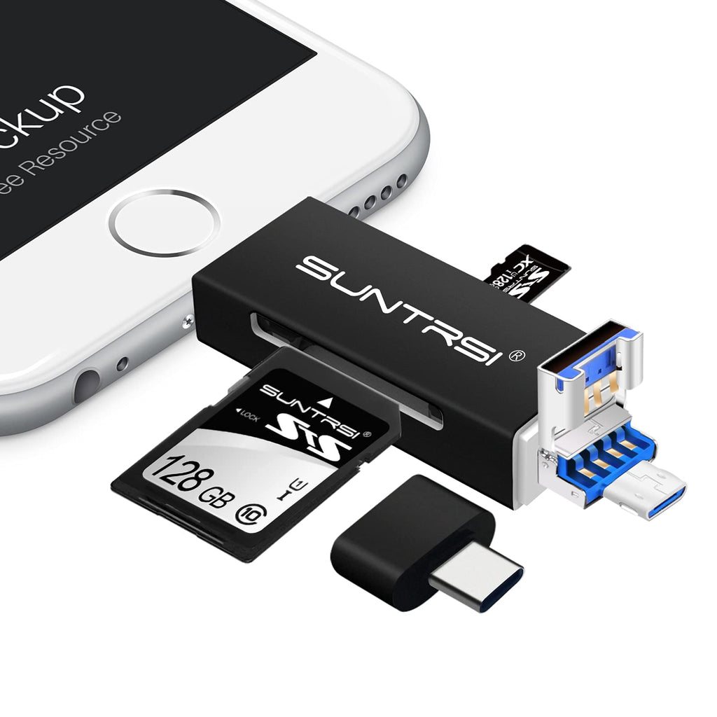 [Australia - AusPower] - 4 in 1 SD Card Reader for iPhone/ipad/Android/ Mac/Camera,Micro SD Card Reader SD Card Adapter with iPhone/iPad Charging Port,Portable Memory Card Reader Trail Camera Viewer,Plug and Play(Black) black 