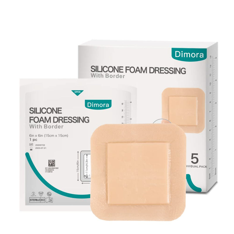 [Australia - AusPower] - Silicone Foam Dressing, 6'' x 6''(4.3" X 4.3" pad) Sacrum Wounds, Waterproof Wound Dressing with Gentle Border, High Absorbency Foam Bandages, Silicone Self-Adhesive Patches,5 Pack 6''x 6'' (5 Dressings) 