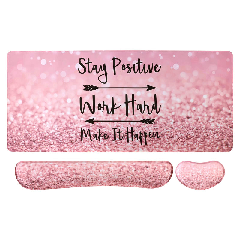 [Australia - AusPower] - iCasso Keyboard Mouse Pad Set,Extended Gaming Mouse Pad+Keyboard Wrist Rest Support , Memory Foam, Easy Typing Pain Relief, 3Pcs (35.4×15.7 in) XXL Ultra Thick Desk Mat -Pink Stay Positive A-Pink Stay Positive 