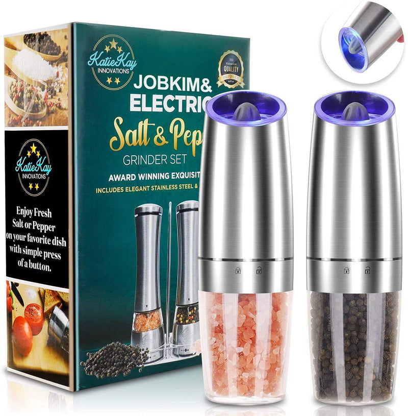 [Australia - AusPower] - Electric Gravity Pepper Grinder set of 2, Automatic Salt and Pepper Mill Grinder, Adjustable Roughness, Battery Powered, Blue LED Light, Stainless Steel with One Hand Operation (Sliver 2 pack) Silver 2X 