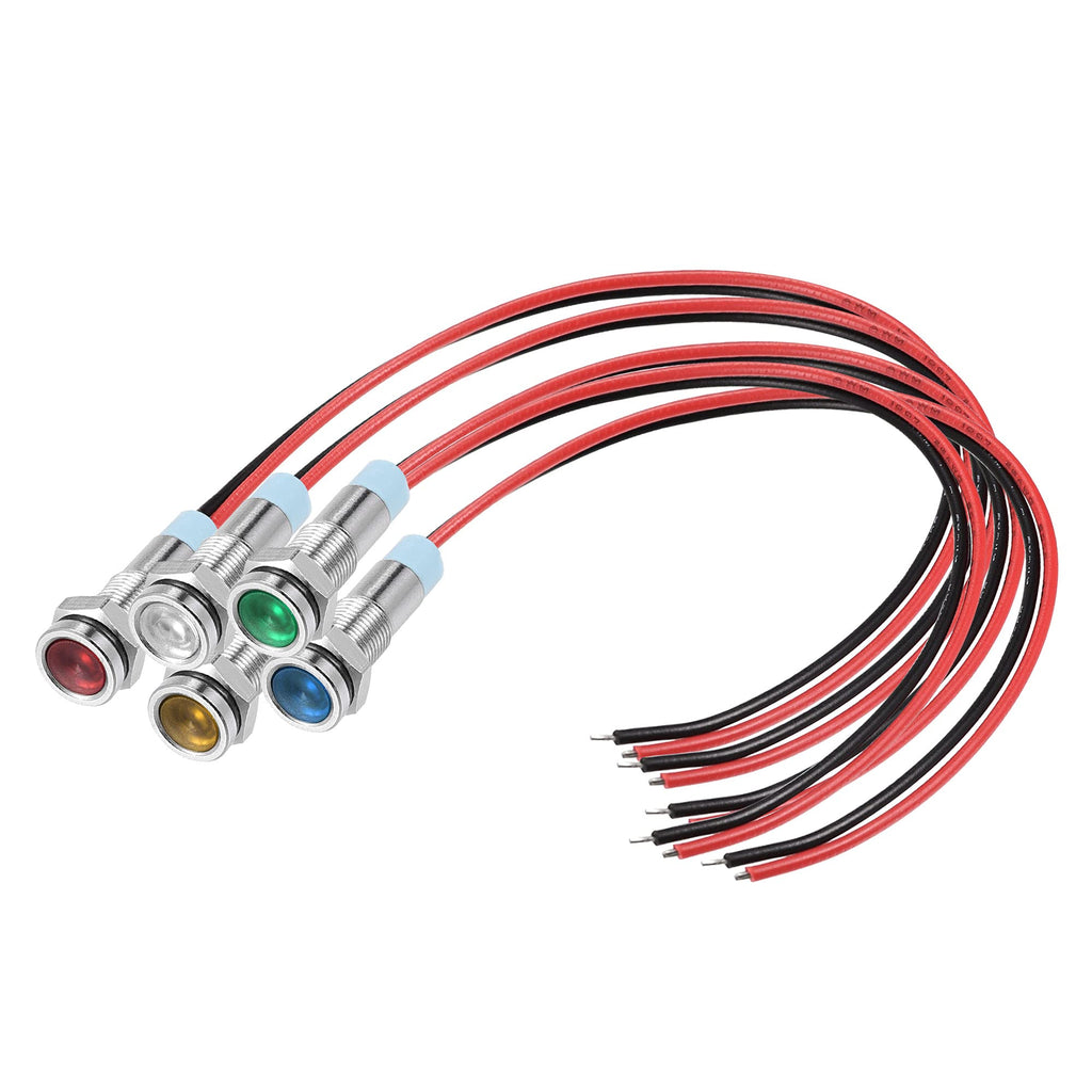 [Australia - AusPower] - MECCANIXITY Signal Indicator Light AC/DC 12V 6mm Flush Panel Mount 5 Color LED Metal Shell with 150mm Cable 5in1 Set 