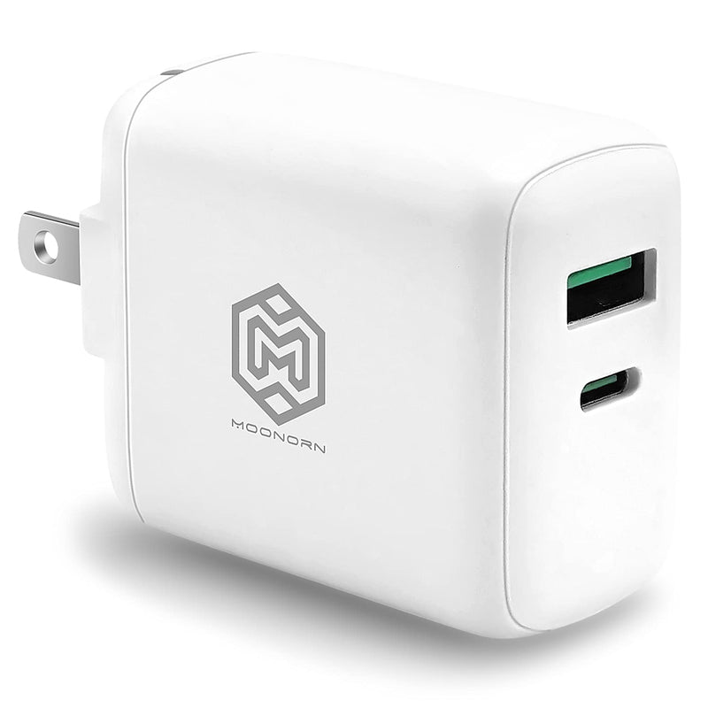 [Australia - AusPower] - MOONORN 3.0 Fast Charger, Portable 38W USB Type C Foldable Power Adapter Quick Wall Charger, 20W+18W Compatible for iPhone13, iPhone 12, Samsung Galaxy Series, iPad, LG, Nexus, etc (White) 