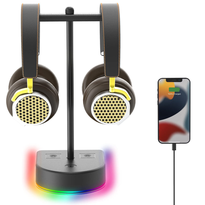 [Australia - AusPower] - RGB Dual Headphone Stand with USB Charging Port, Desk Gaming Double Headset Holder，Durable Hanger Rack-Suitable for Desktop Table, Game, DJ, Earphone, PC, PS4, PS5, Xbox Gamer Accessories 