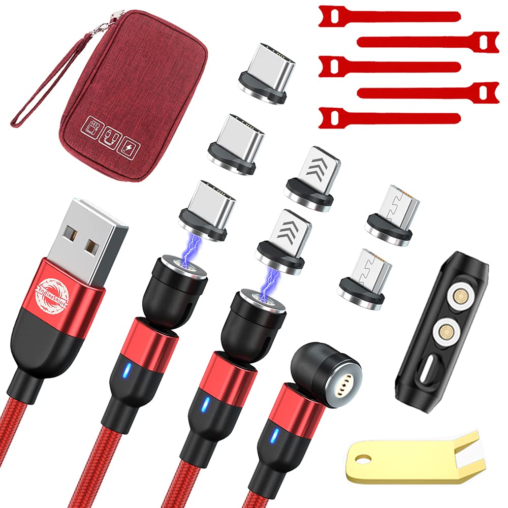 [Australia - AusPower] - EndlesShine Magnetic Fast Charging Cable(3Pack3.3/6.6/6.6FT&Cable Bag),Phone Charger Cable 3 in 1 Compatible with Micro USB、Type C 3A Fast Charging Data Sync USB Data Cable(Red) Red Nylon Braid 