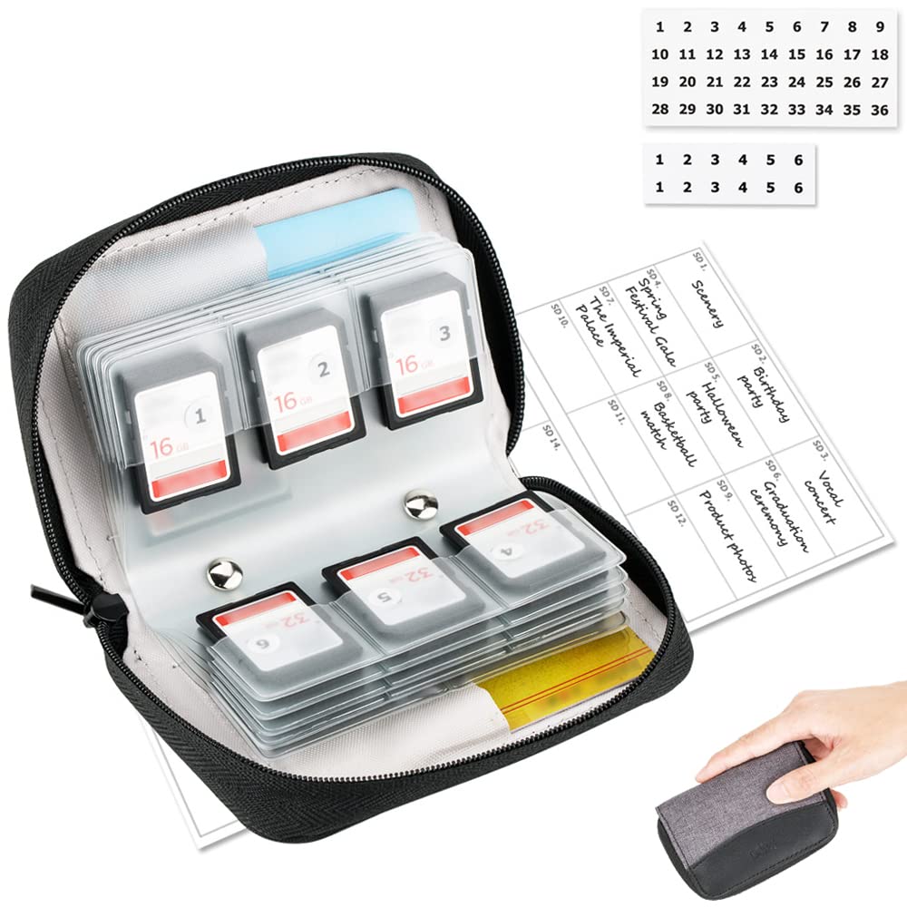 [Australia - AusPower] - (24 SD + 4 CF) 28 Slots Memory Card Case Holder with Labels, SD Card Wallet Storage for 24 SD SDXC SDHC Cards + 4 CF XQD Cards, Portable Carrying Cases Organizer with Number Sticker - Grey Gray, 24 SD + 4 CF 