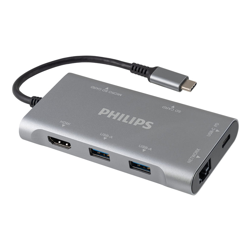 [Australia - AusPower] - Philips USB C Hub with Power Pass-Through, 7-in-1 Multiport Adapter, 1 HDMI 4K@30Hz, 60W USB-C Power Delivery, 2 USB 3.0, 1 Ethernet, 1 SD 1 MicroSD Card Reader, DLK9120C/27 