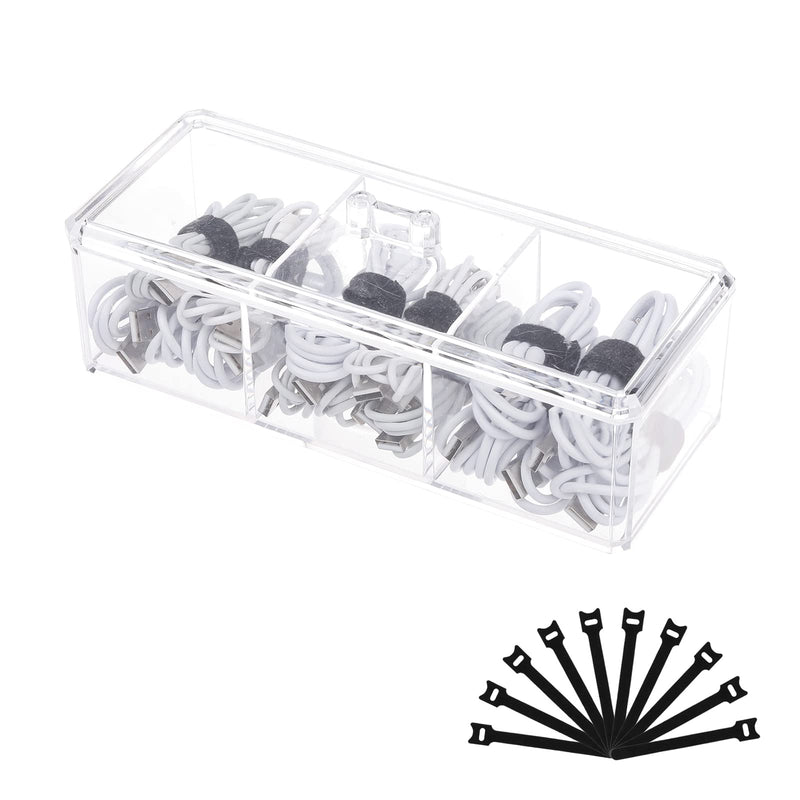 [Australia - AusPower] - FABROK Clear Cable Storage Organizer, Plastic Cable Management Box with 10pcs Cable Ties, Electronic Accessories Case for Desk Drawer, Cord Storage for Headset, Charger, Data Cable 3 Compartment 