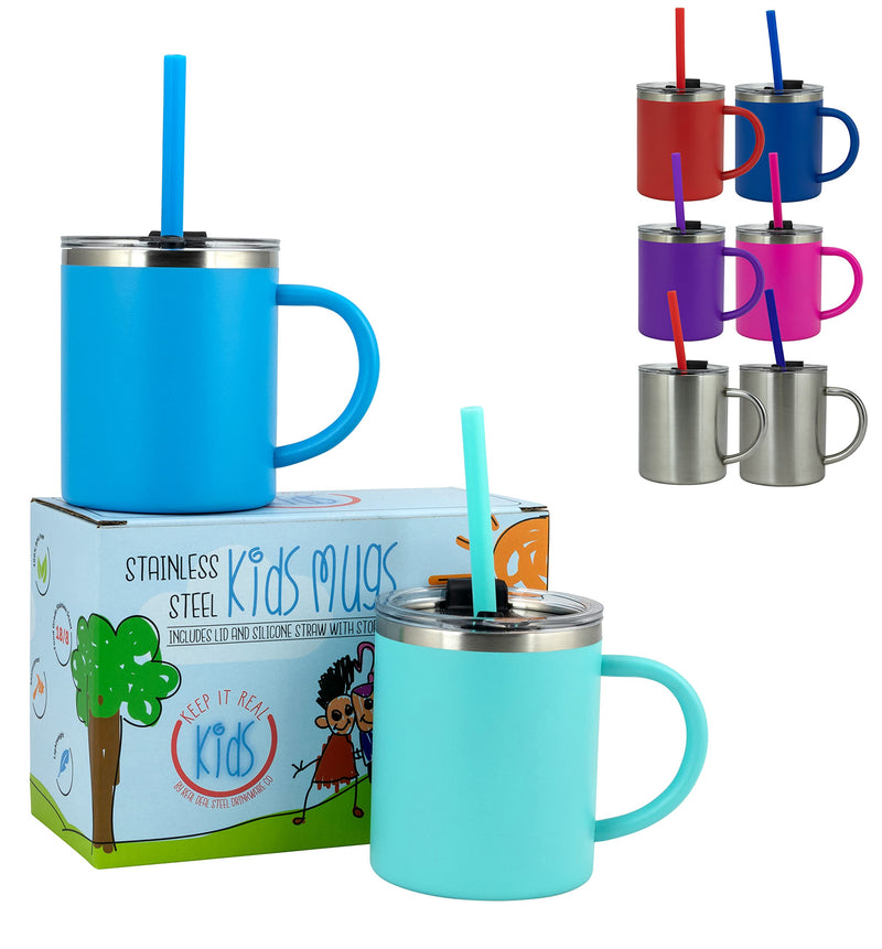 [Australia - AusPower] - Kids Mugs for Hot Chocolate - Stainless Steel BPA Free 10 oz Childrens Cup, Small Coffee Style Mugs for Hot Cocoa, Milk, Set of 2 with Handle, Lid and Straw Ocean Blue / Tiffany Blue 