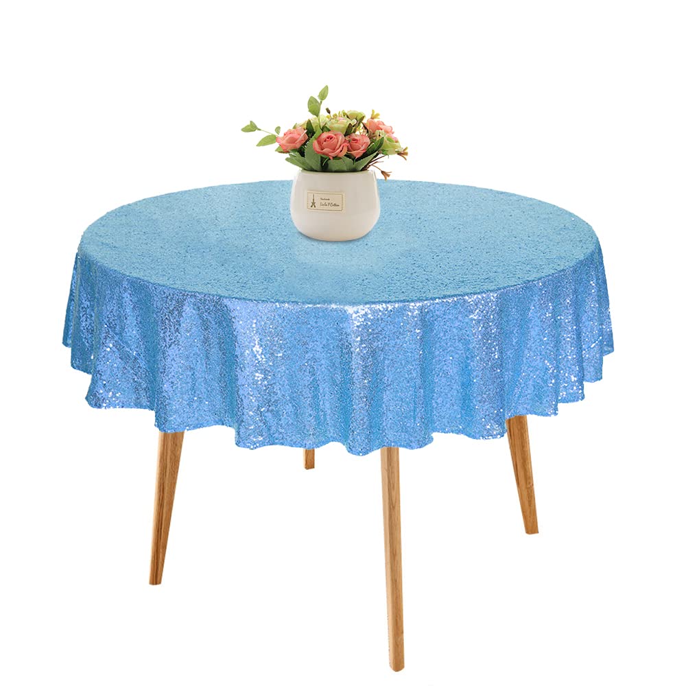 [Australia - AusPower] - WISPET Baby Blue Sequin Tablecloth 70" Round Sparkly Drape Table Cloth Shimmer Tablecloth Sequin Fabric Tablecloth for Wedding Birthday Party Baby Shower Decorations Christmas Other Event Decor 