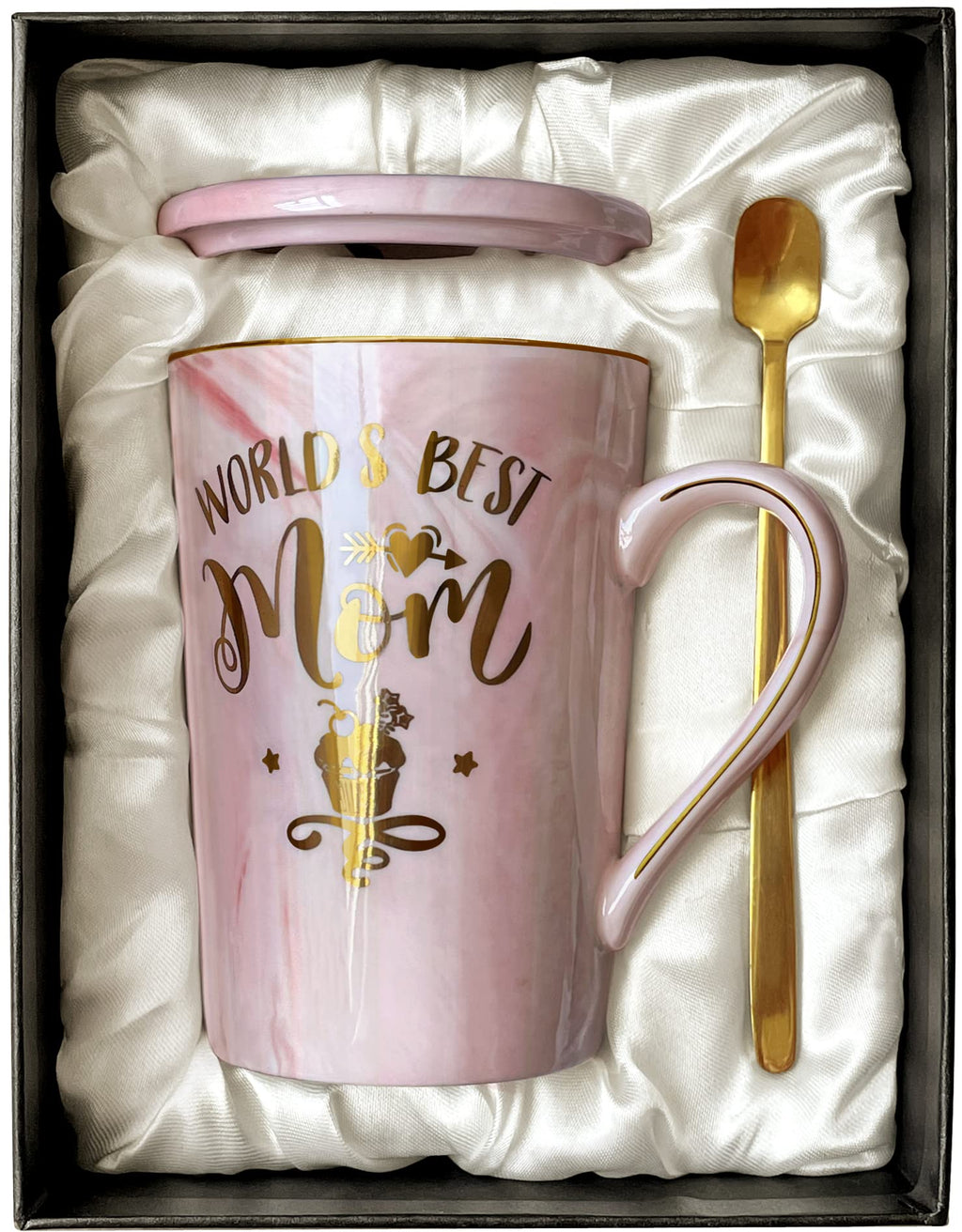 [Australia - AusPower] - Mothers Day Gifts for Mom - World’s Best Mom Mug - Mom Gifts from Daughter Son - Birthday Gifts Ideas for Mom, Wife, Mother, Women - Ceramic Marble Coffee Mug Gifts Box Printed Gold 14 oz Pink 