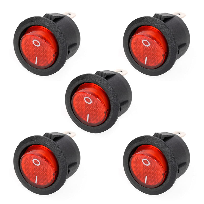 [Australia - AusPower] - Ruimou 5Pcs AC 6A/250V 10A/125V Mini Round Rocker Switches, SPST 3Pin 2 Position with Red Light Rocker Switch 