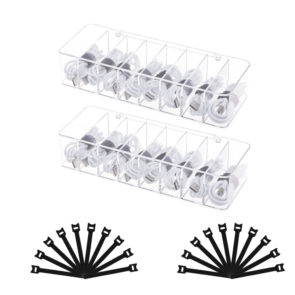 [Australia - AusPower] - FABROK Plastic Cable Organizer, 8 Compartment Clear Cable Management Box with 20pcs Cable Ties, Electronic Accessories Case for Desk Drawer, Portable Cord Storage Organizer for Headset, Charger(2pack） 8 Compartment-2PACK 