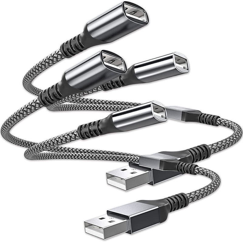 [Australia - AusPower] - USB Splitter Y Cable 1 FT (2-Pack), USB A Male to USB A Female Cable, USB Splitter Extension Cord Adapter, Dual Double USB Extender Hub Data Sync Charger Adapter for Laptop, Car, Xbox, PS4 - Gray 