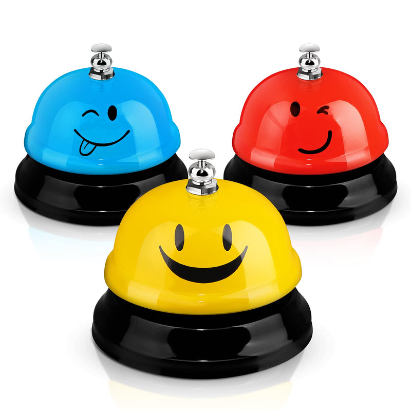 [Australia - AusPower] - 3 Pieces Desk Bell for Service, Smile Face Call Bell, Desk Bell 3 Inch Diameter, Call Bells with Metal Anti-Rust Construction,Front Desk Bell for Hotel, Restaurant, Office, Schools (Red, Yellow, Blue) Red, Yellow, Blue 